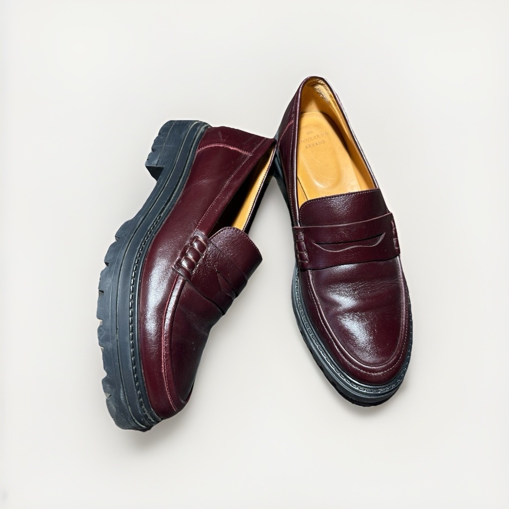 Sézane Albane Loafers Glossy Burgundy Leather Thick Lug Sole Shoes EU 40 US 9 - Picture 4 of 14